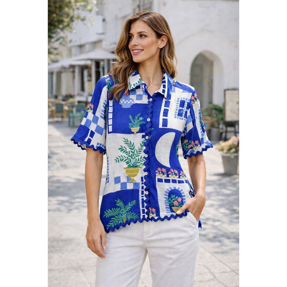Calypso St. Barth Resort Short Sleeve Button-Down Shirt Blue/White Womens Size M